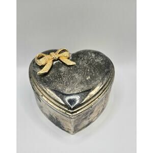 Silver Plated Heart Trinket Box Gold Bow | Red Velvet Lined Jewelry Box
